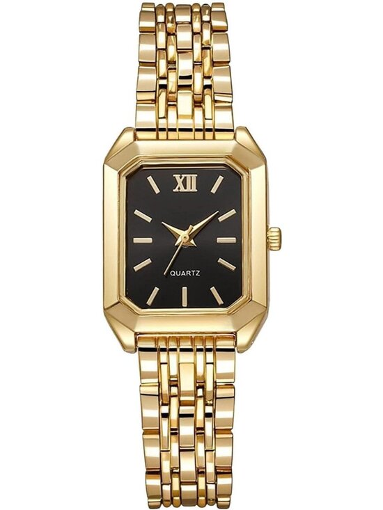 Accessories - Women's Gold-Black Steel Strap Casual Fashion Simple Square Quartz Wrist Watch